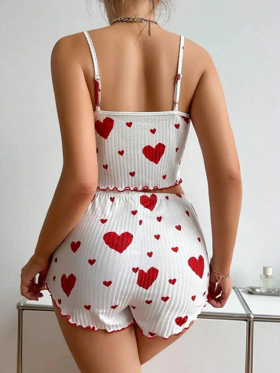Summer New Women's Pajama Set Breathable Soft Casual Love Printed Design Sweet Home Strap Shorts Pajamas