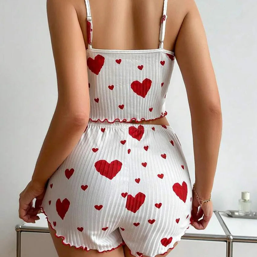 Summer New Women's Pajama Set Breathable Soft Casual Love Printed Design Sweet Home Strap Shorts Pajamas
