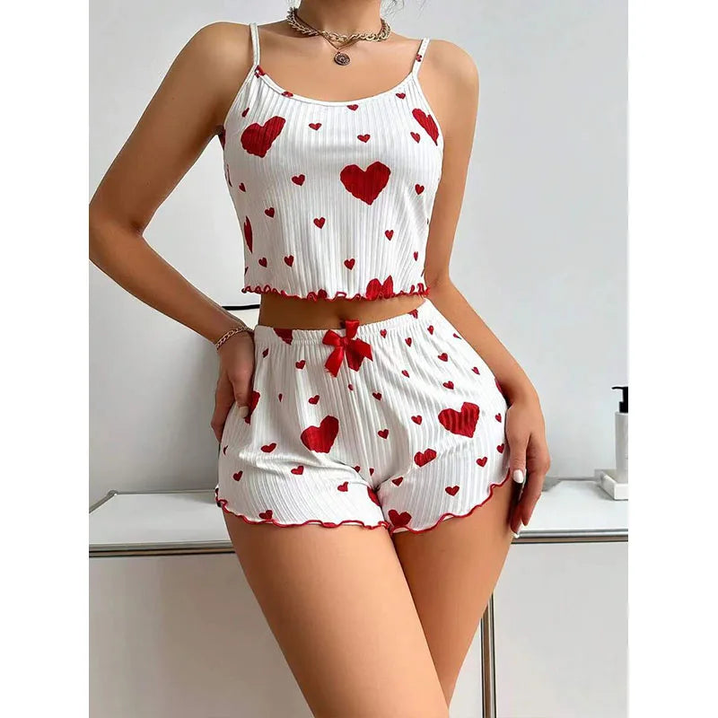 Summer New Women's Pajama Set Breathable Soft Casual Love Printed Design Sweet Home Strap Shorts Pajamas