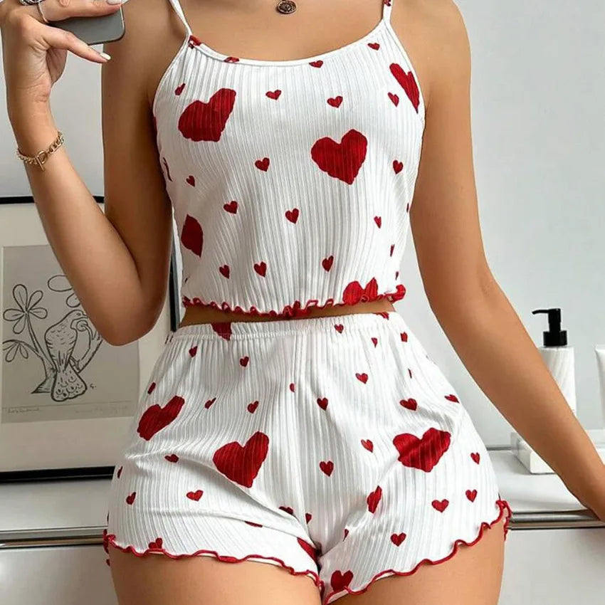 Summer New Women's Pajama Set Breathable Soft Casual Love Printed Design Sweet Home Strap Shorts Pajamas