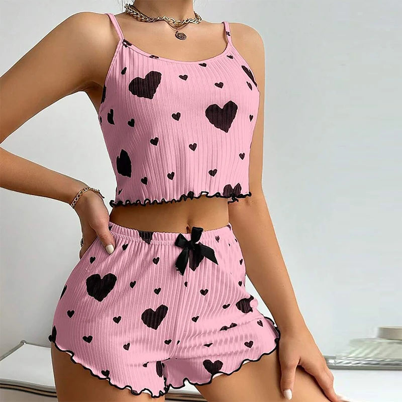 Summer New Women's Pajama Set Breathable Soft Casual Love Printed Design Sweet Home Strap Shorts Pajamas