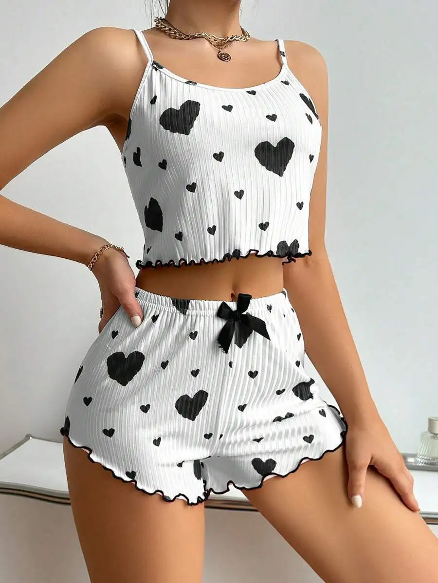 Summer New Women's Pajama Set Breathable Soft Casual Love Printed Design Sweet Home Strap Shorts Pajamas