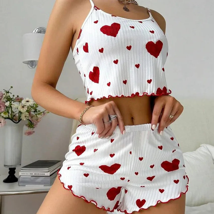 Summer New Women's Pajama Set Breathable Soft Casual Love Printed Design Sweet Home Strap Shorts Pajamas